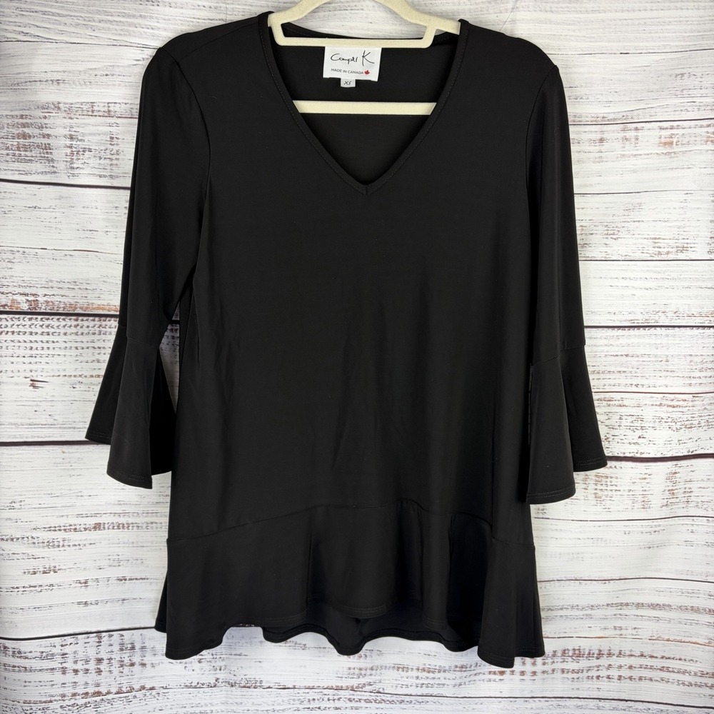 Compli K black V-neck bell sleeve tunic Top ruffle hem Lagenlook Size XS Canada